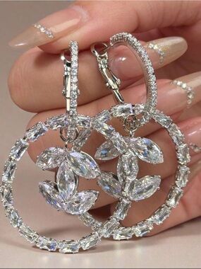 Sparkling Crystal Hoop Drop Earrings - Silver